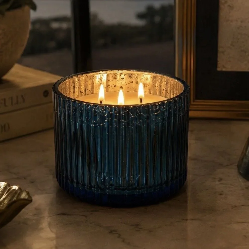 4 Malibu Lagoon Scented Candles 12 oz Triple Wick Blue Mercury Glass